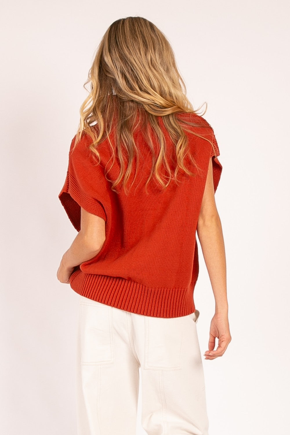 Mock Neck Cable Knit Sweater Vest in Rust