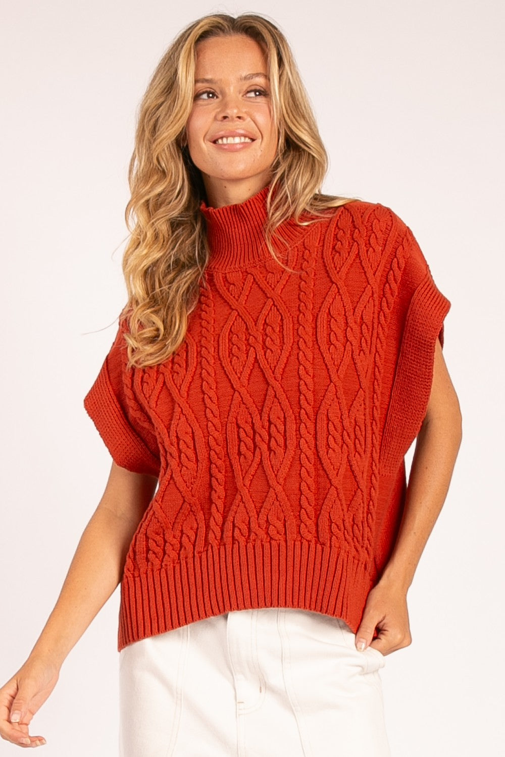 Mock Neck Cable Knit Sweater Vest in Rust