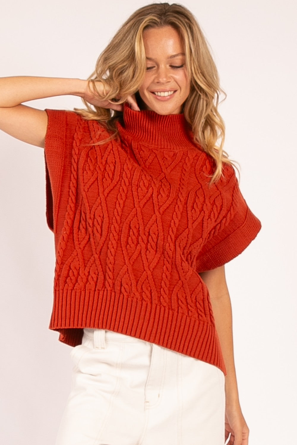 Mock Neck Cable Knit Sweater Vest in Rust