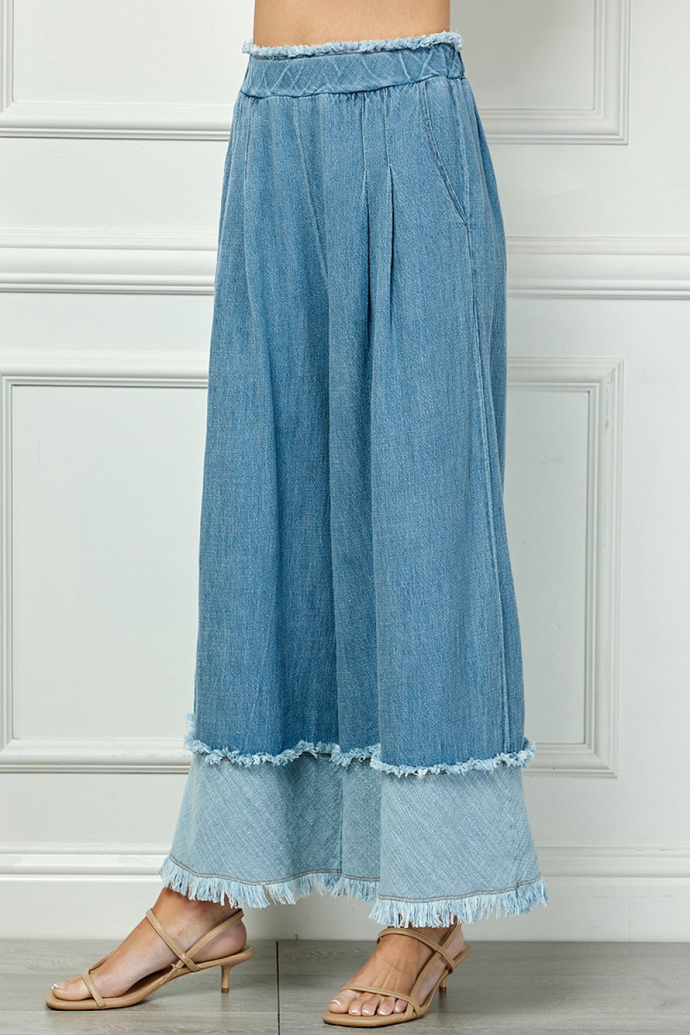 Fringe Detail Wide Leg Denim Pants