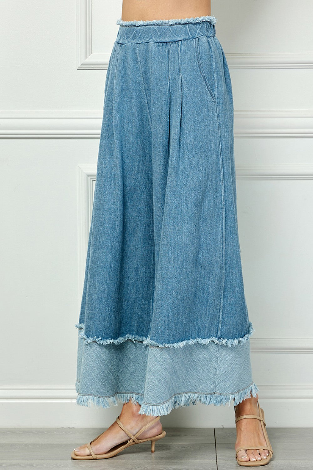 Fringe Detail Wide Leg Denim Pants