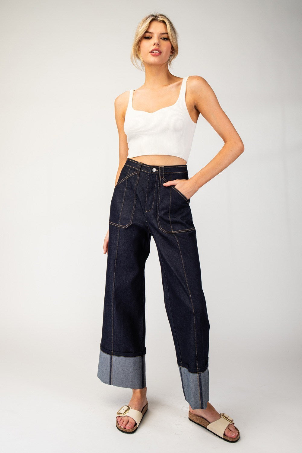 Cuff Detail Denim Pants