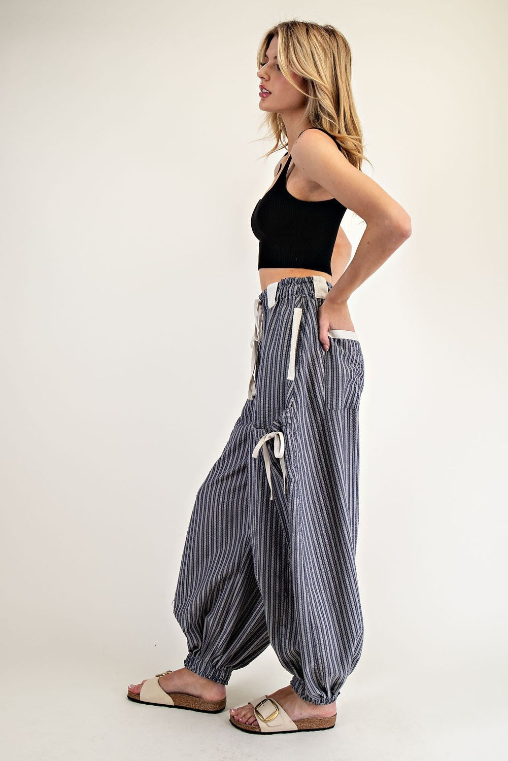 Striped Drawstring Jogger Pants in Denim