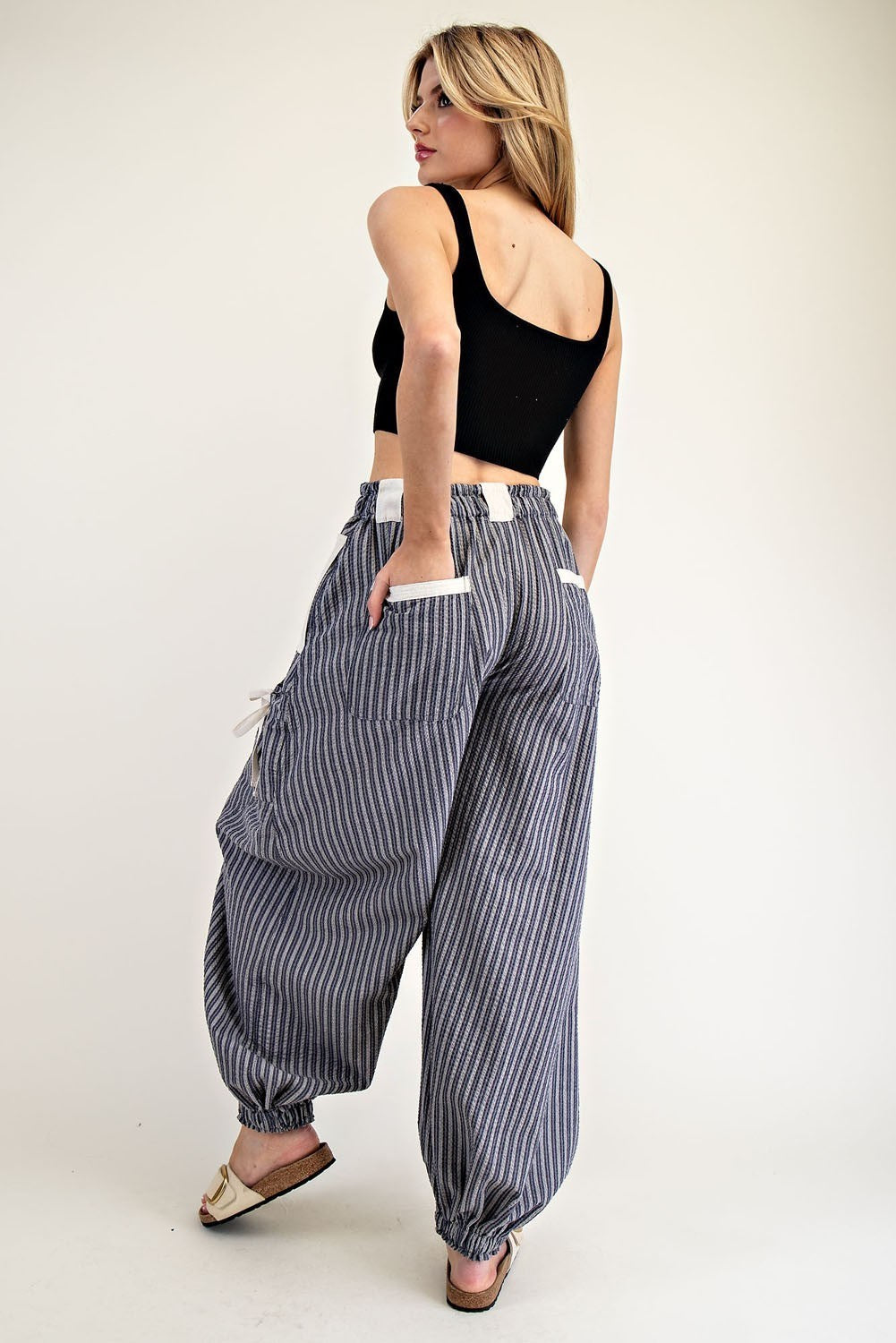 Striped Drawstring Jogger Pants in Denim
