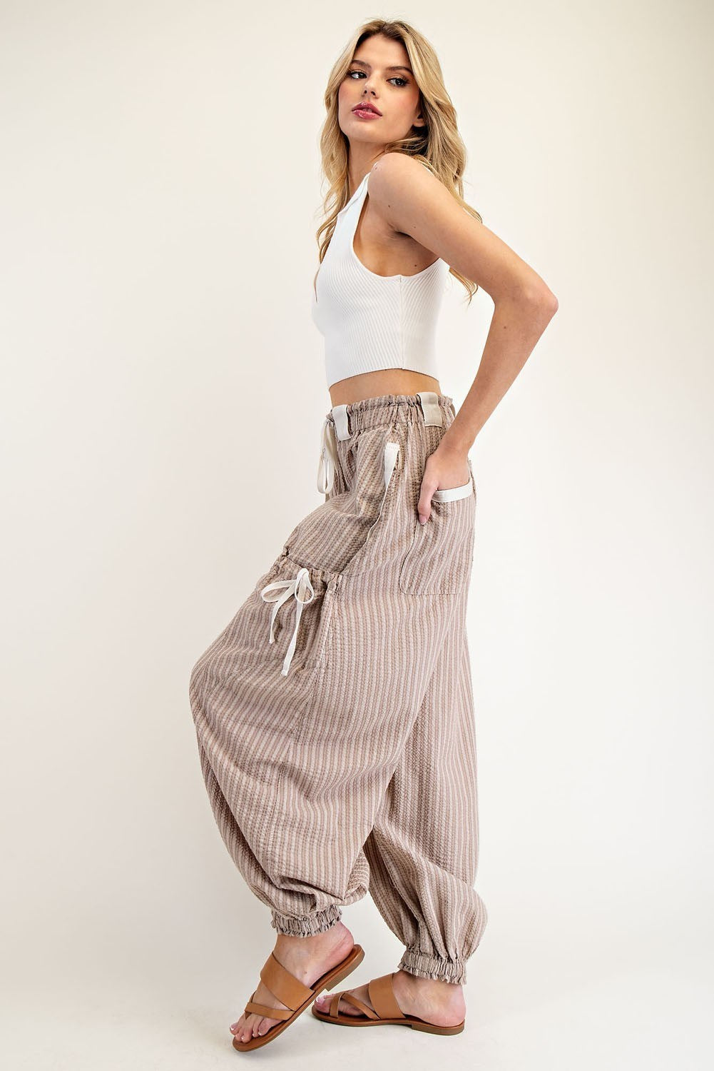 Striped Drawstring Jogger Pants in Oatmeal