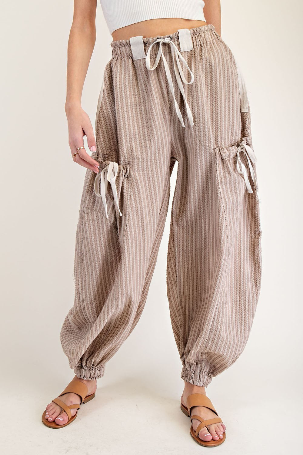 Striped Drawstring Jogger Pants in Oatmeal