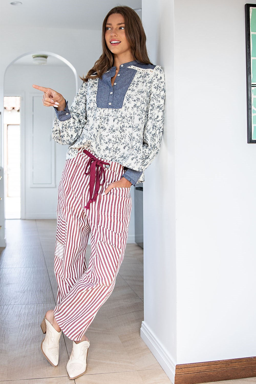 Stripe Drawstring Barrel Pants in Raspberry