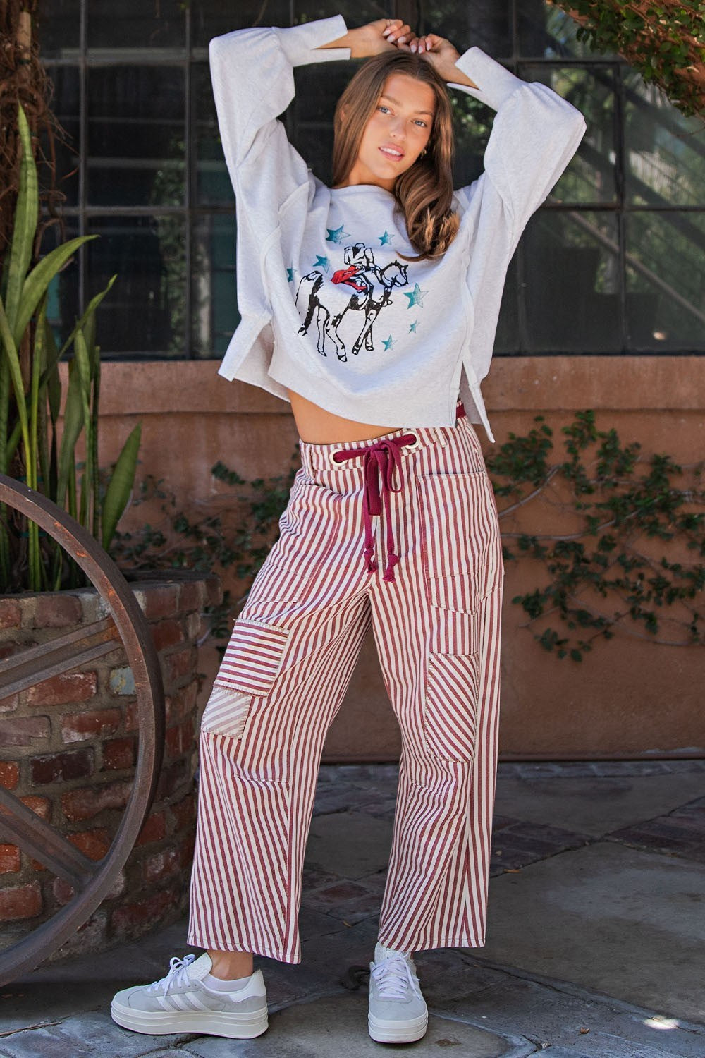 Stripe Drawstring Barrel Pants in Raspberry