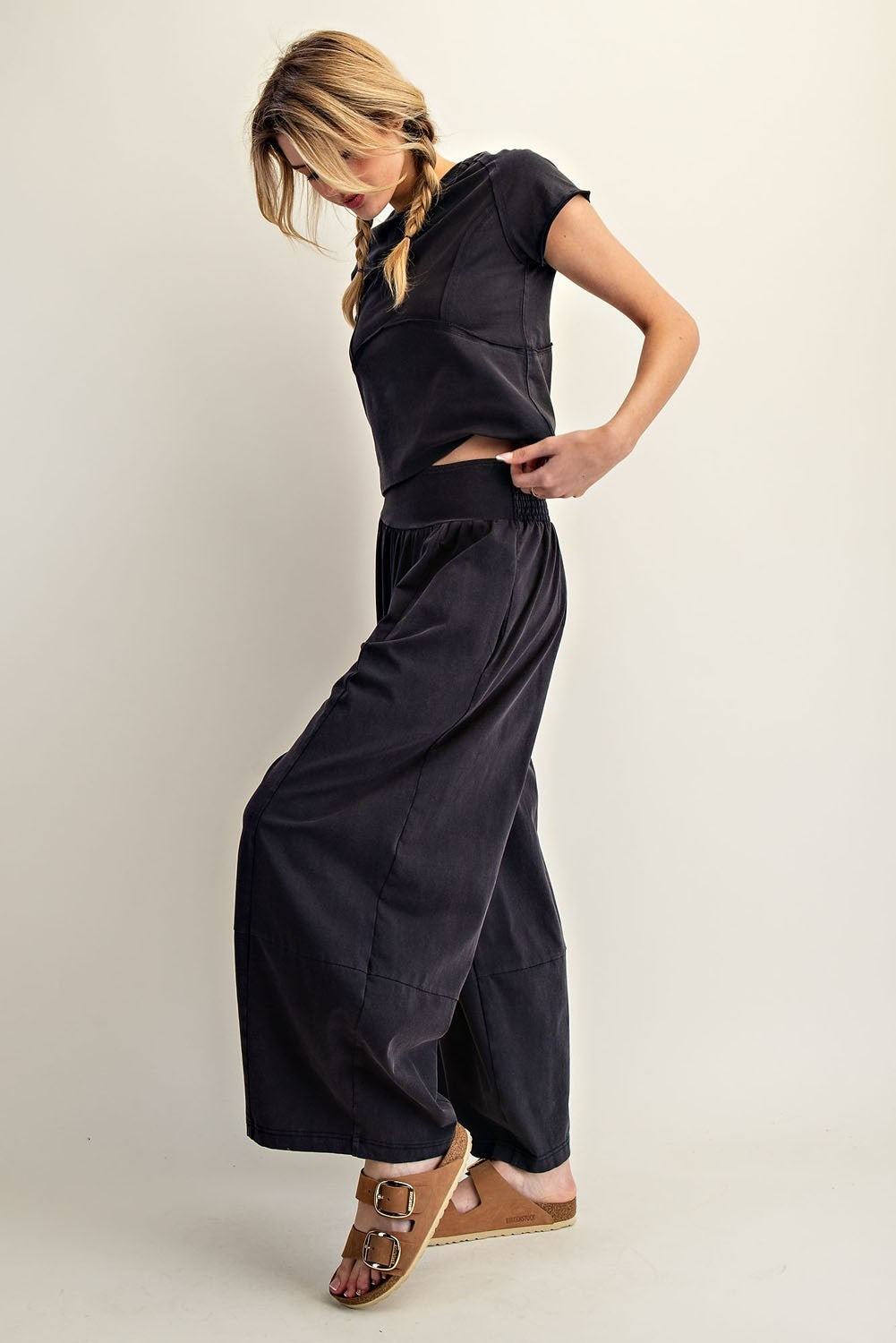 Mineral Wash Crop Pant Set in Ash Black