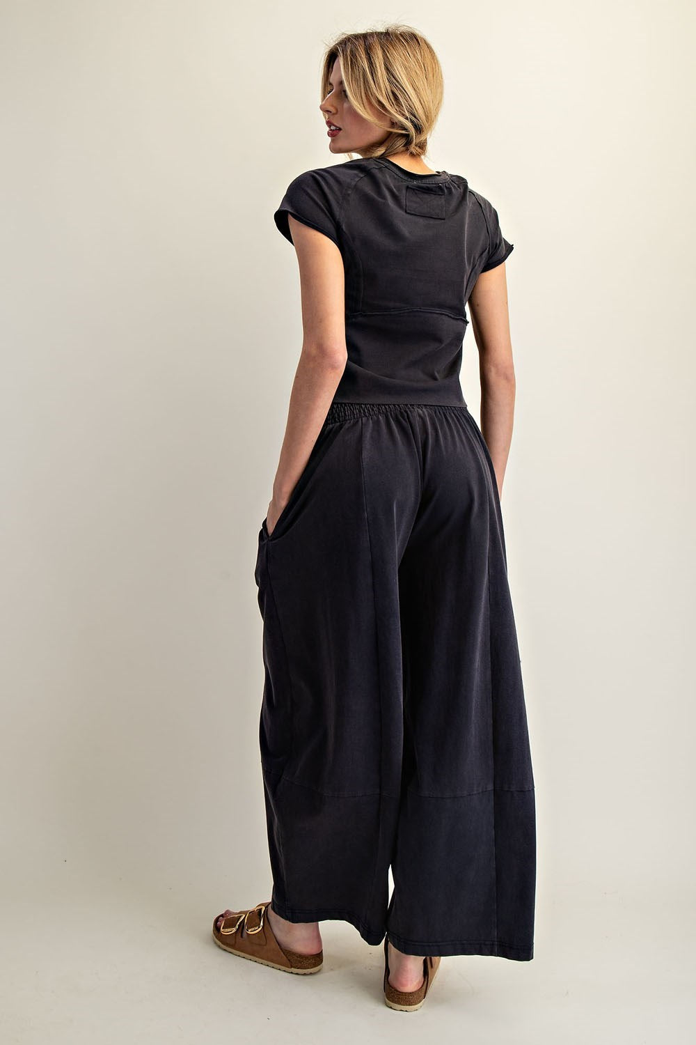 Mineral Wash Crop Pant Set in Ash Black