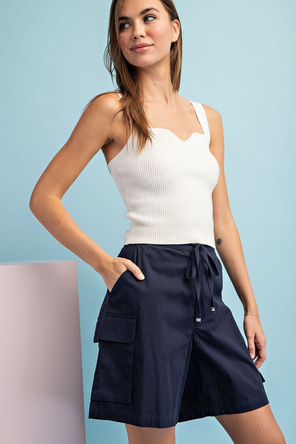 Drawstring Bermuda Shorts in Navy 40%off
