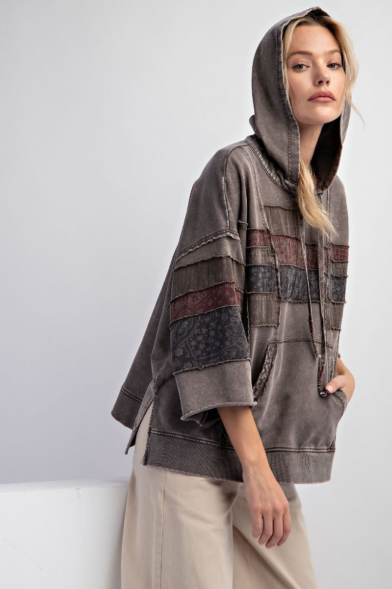 Plus Size 3/4 Sleeve Mixed texture Hoodie