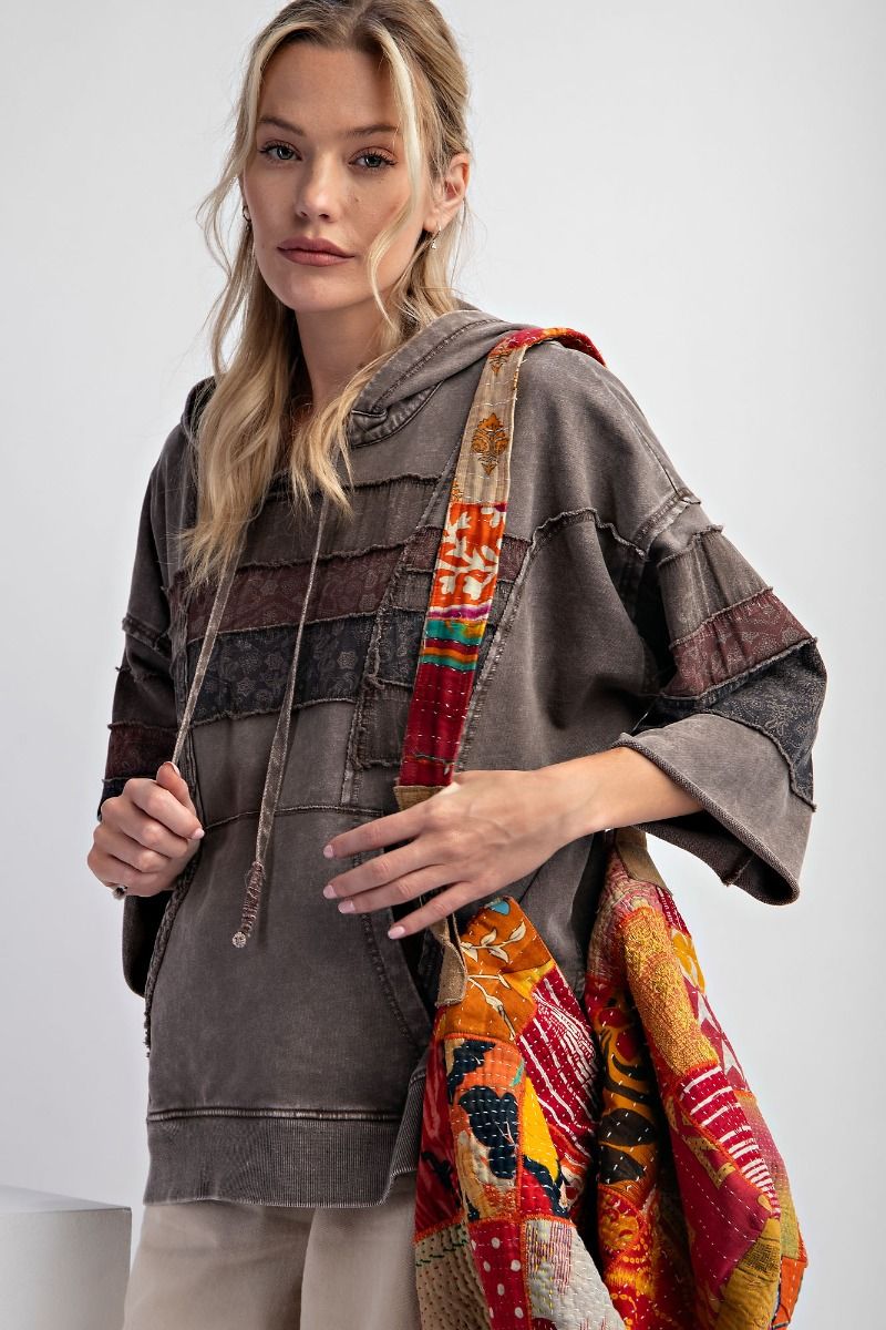 Plus Size 3/4 Sleeve Mixed texture Hoodie