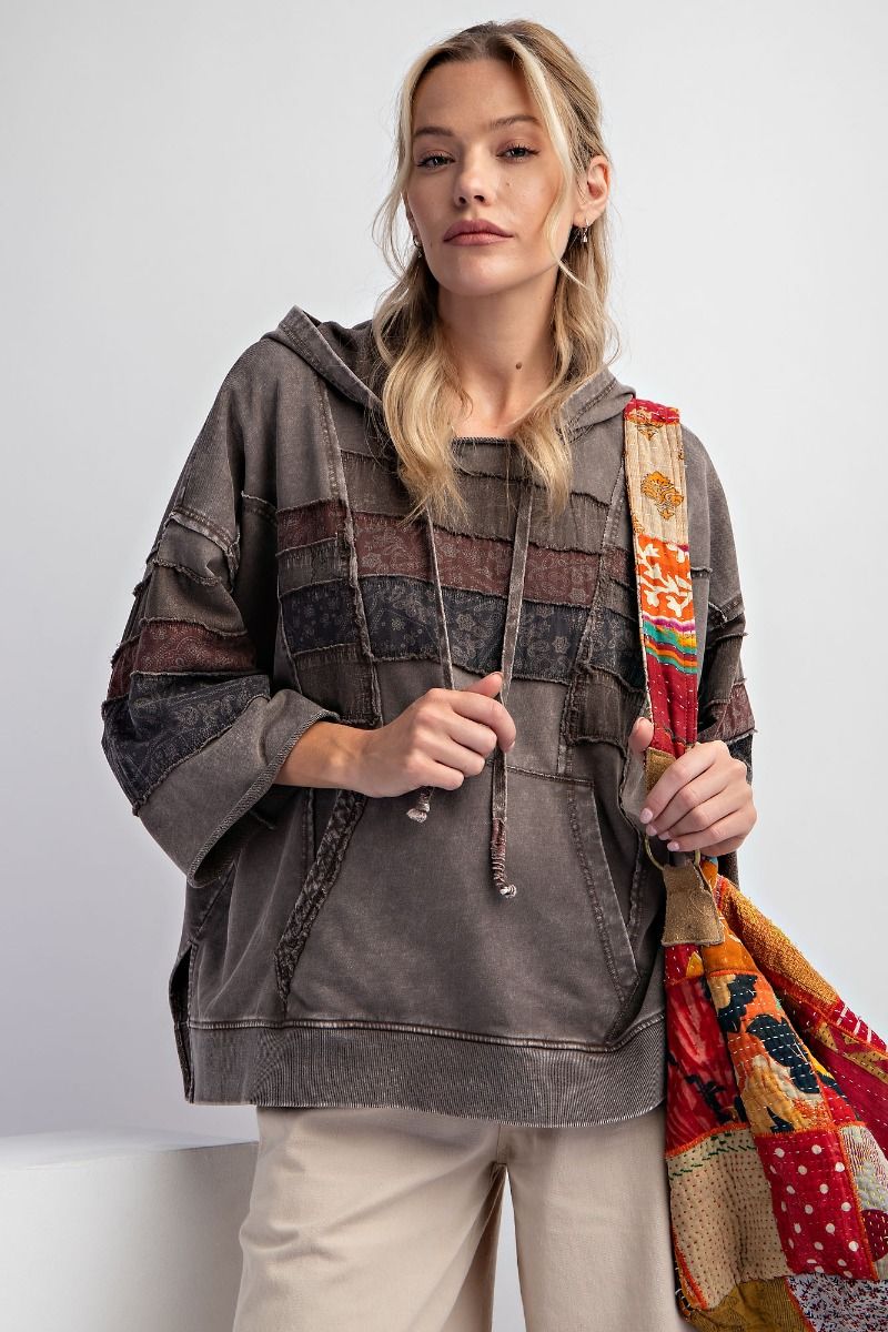 Plus Size 3/4 Sleeve Mixed texture Hoodie