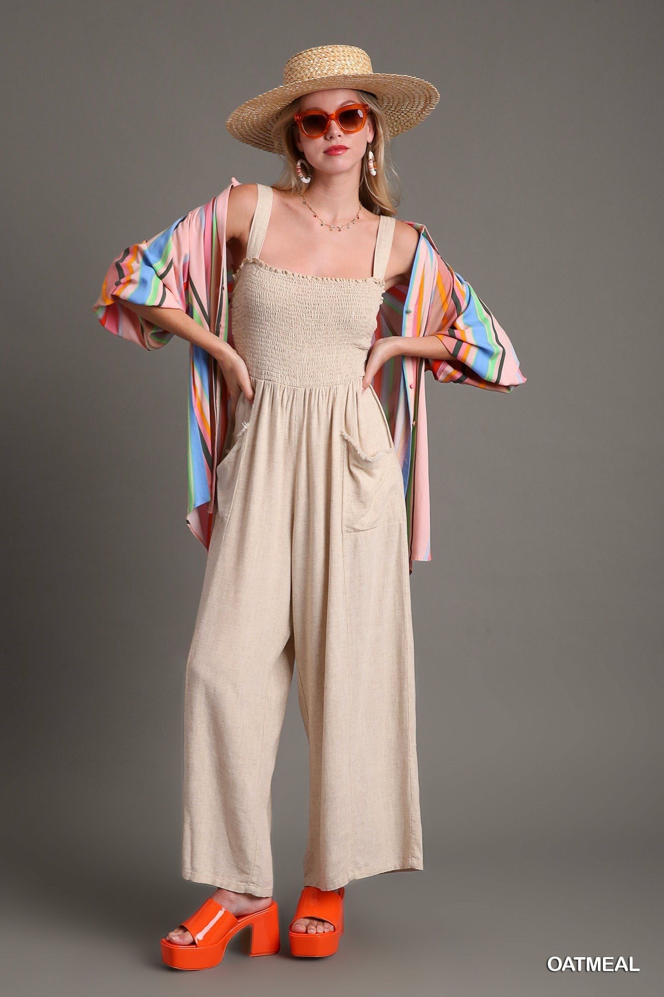 Plus size Smocked Jumpsuit in Oatmeal 40%off use code sale40