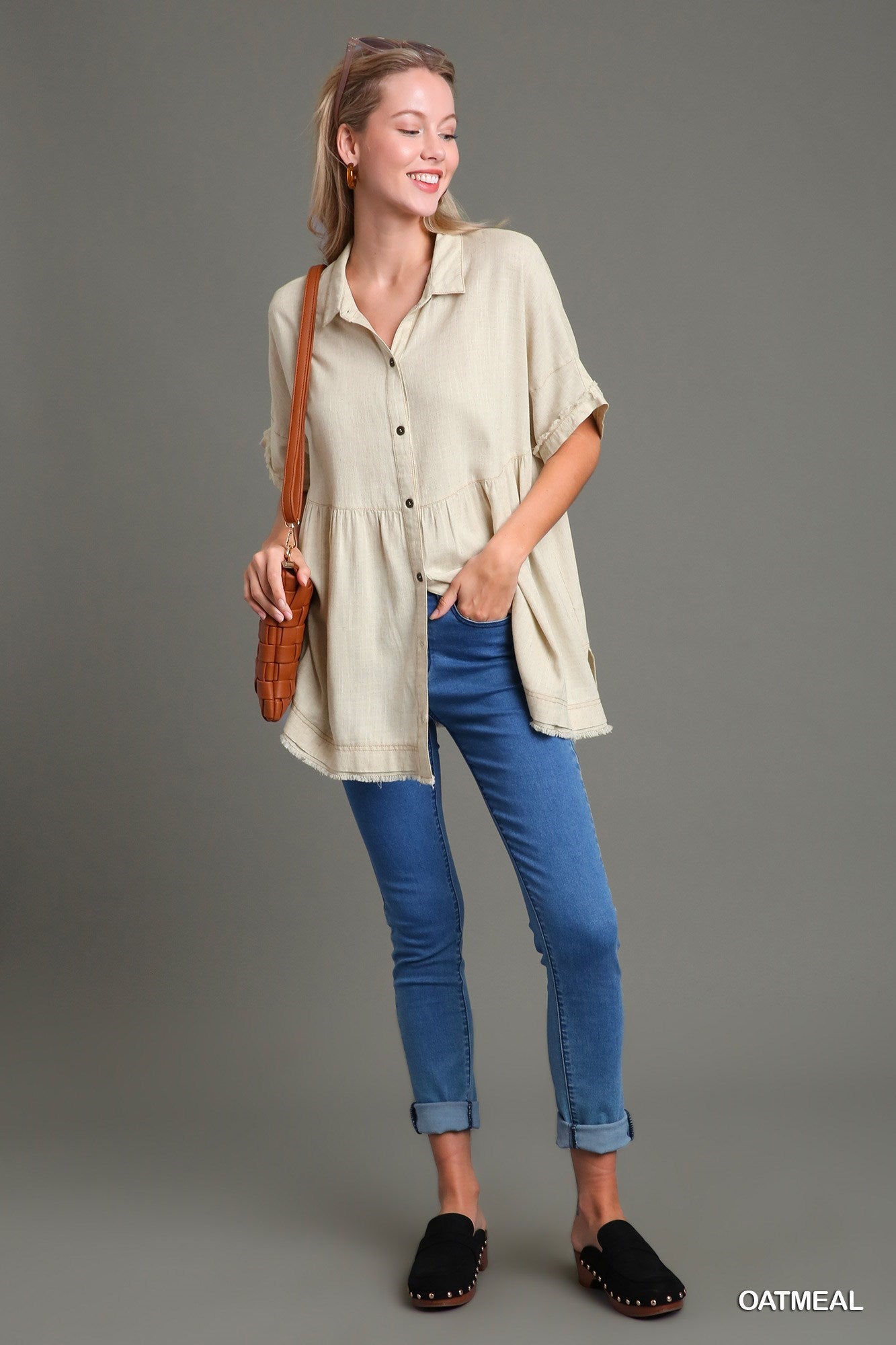 Linen Collared Button Up Tiered Top in Oatmeal
