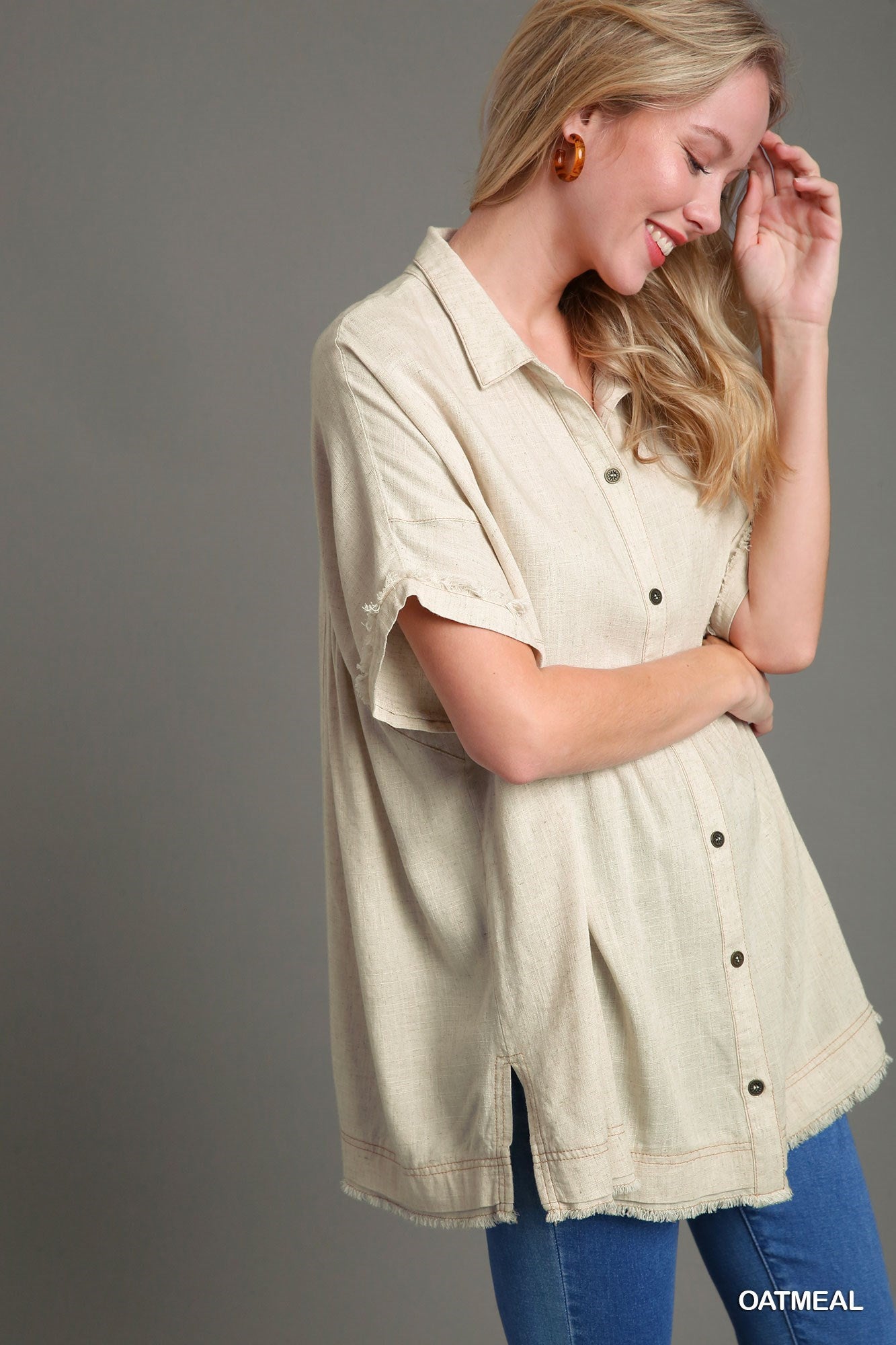 Linen Collared Button Up Tiered Top in Oatmeal