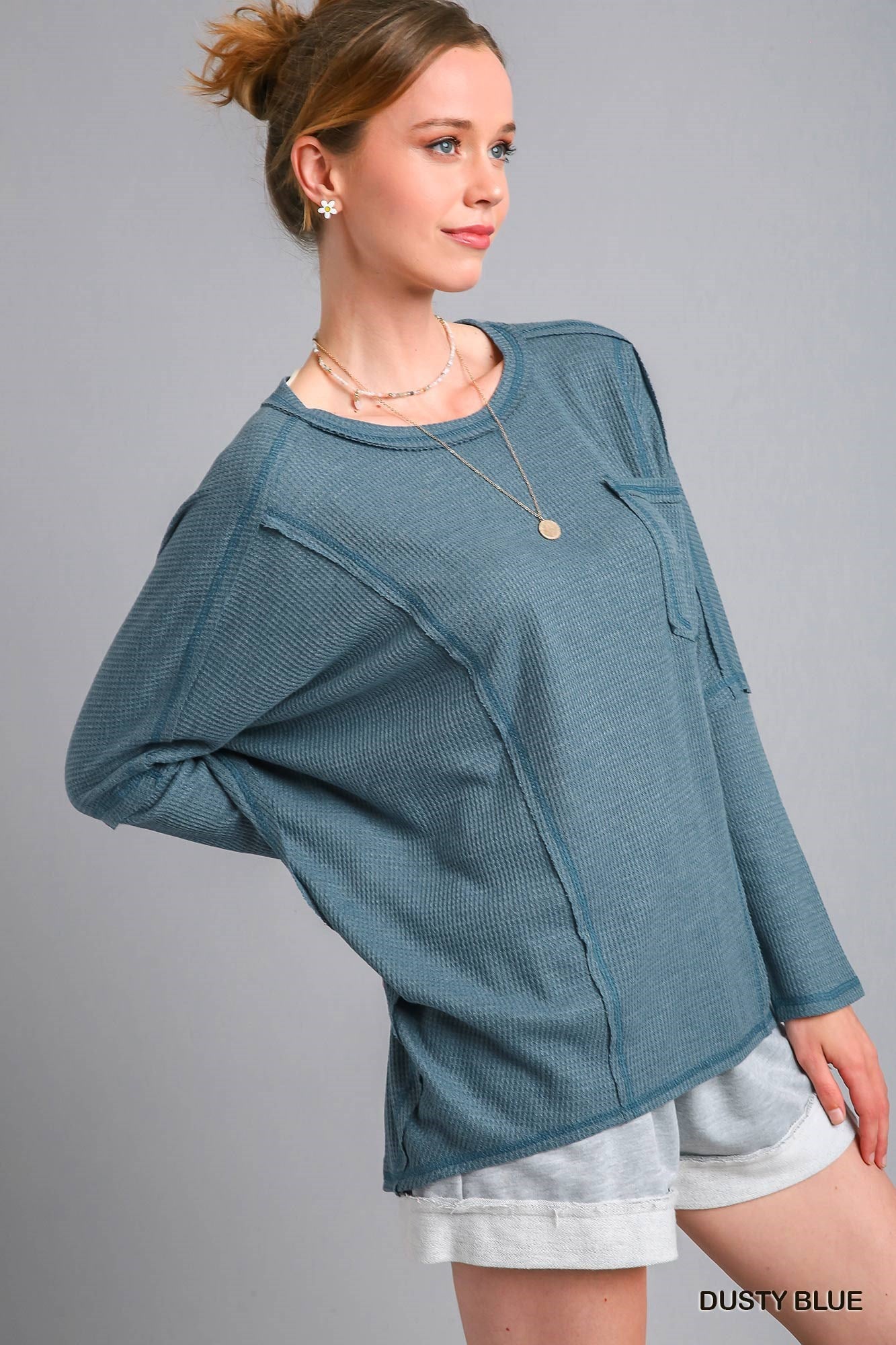 Waffle knit top in Dusty Blue