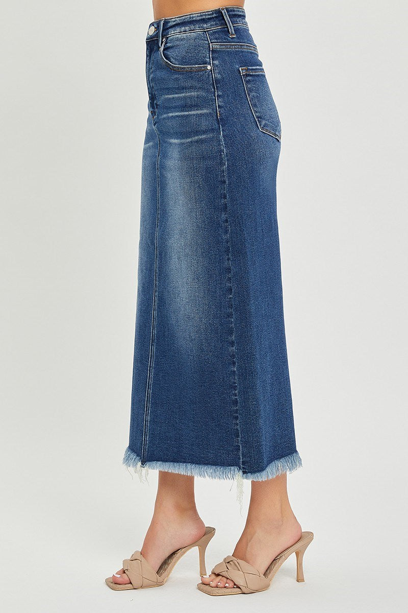 High Rise Frayed Long Pencil Denim skirt