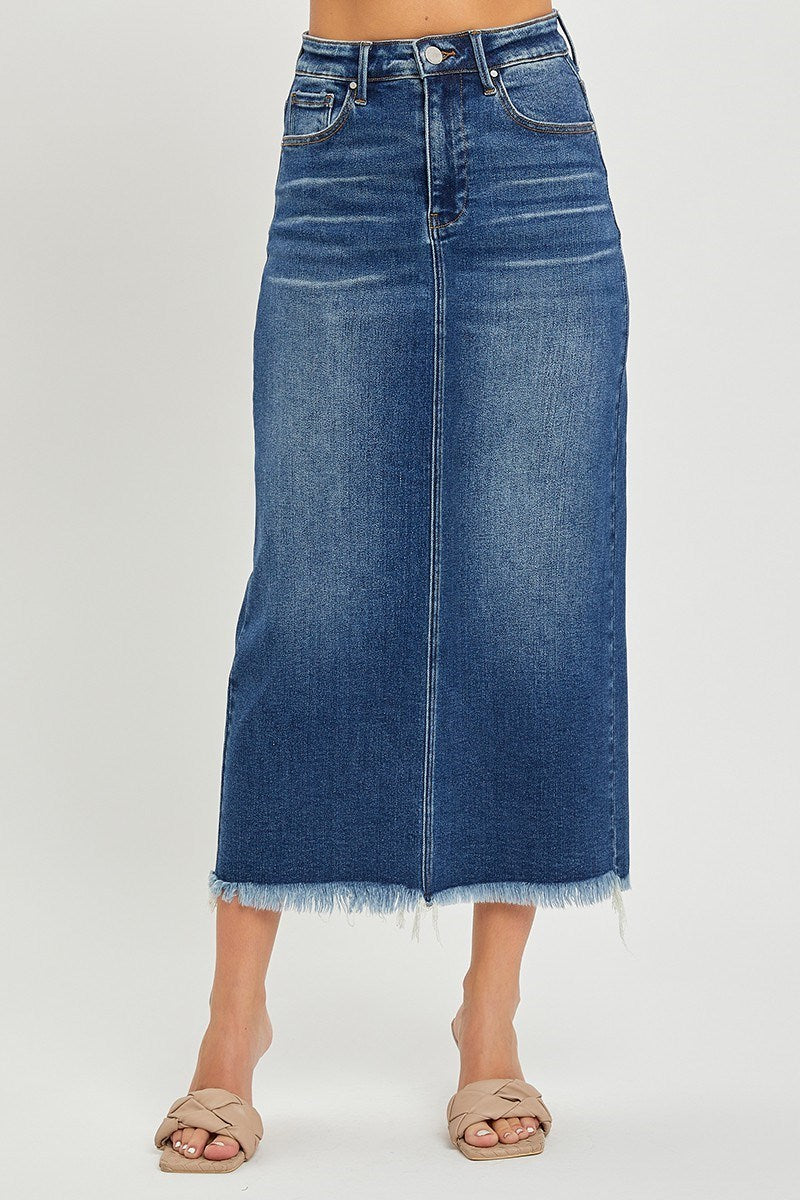 High Rise Frayed Long Pencil Denim skirt
