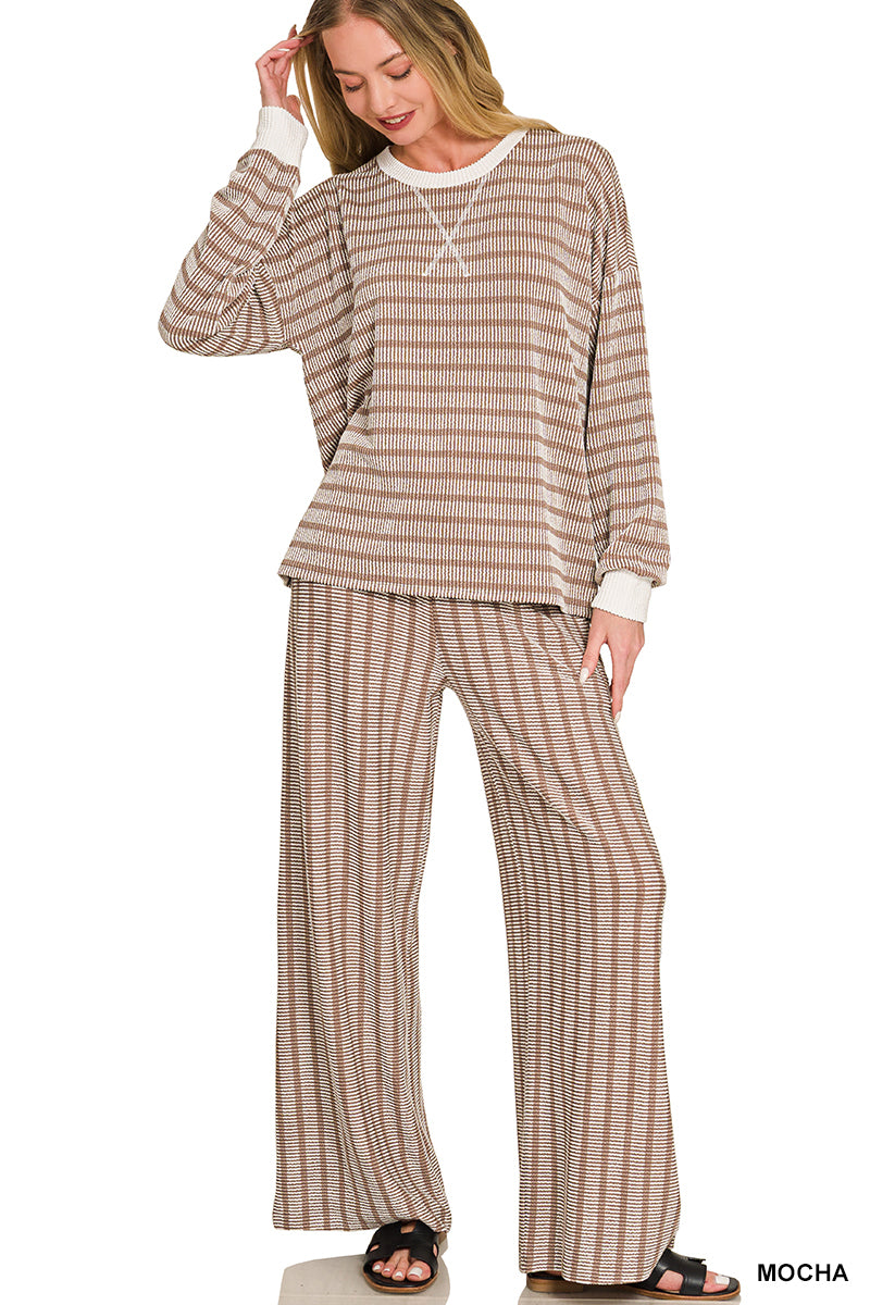Raised Ribbed Stripe Pullover and Pant Set in Mocha
