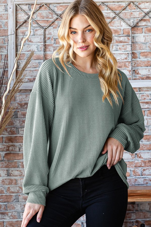 Round Neck Ribbed Top in Vintage Olive