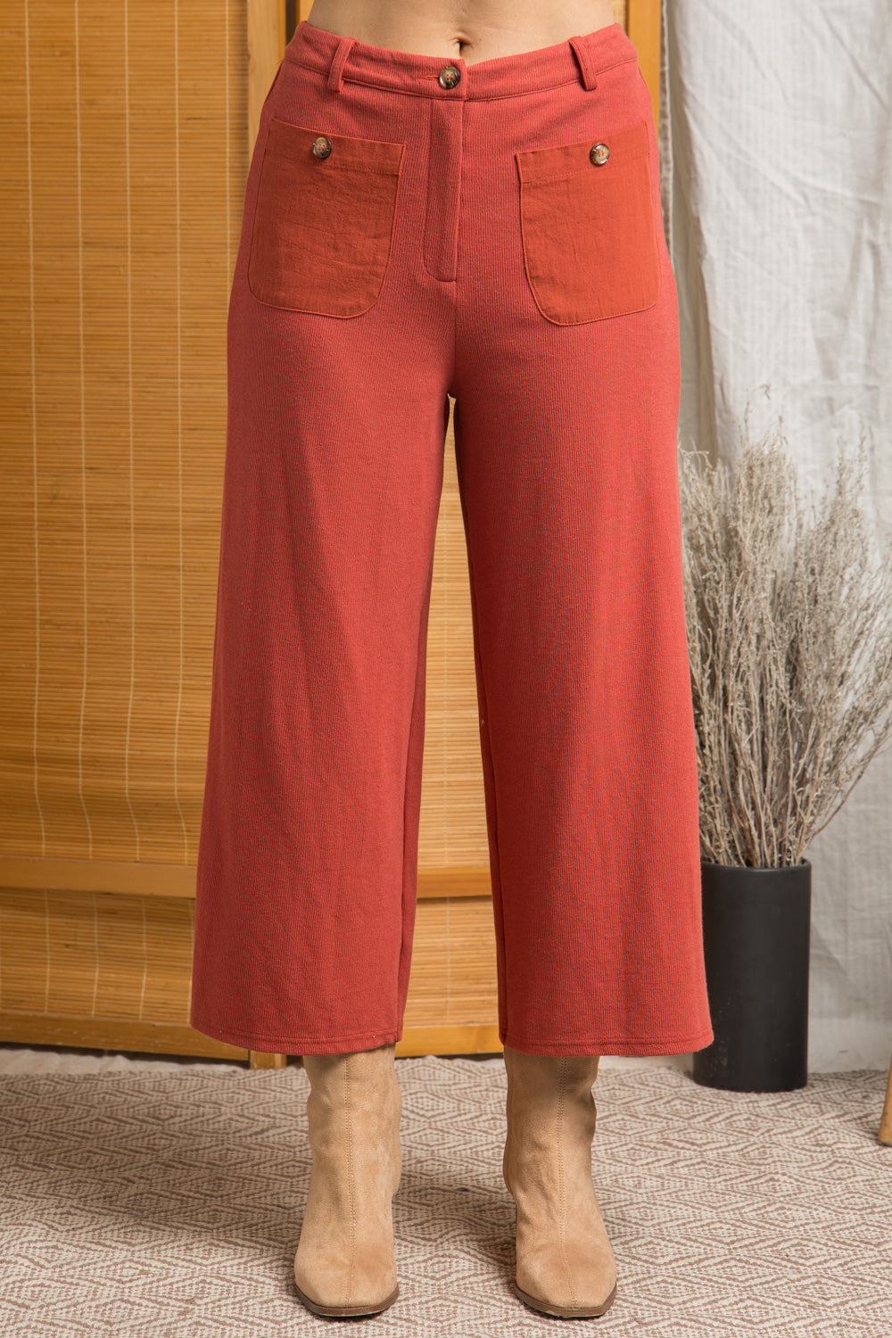 Wide Leg Pants With Patch Pockets in Brick