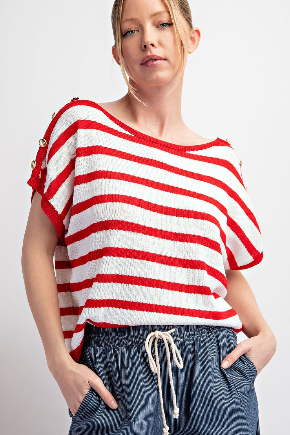 Striped Top with button shoulders in red and white