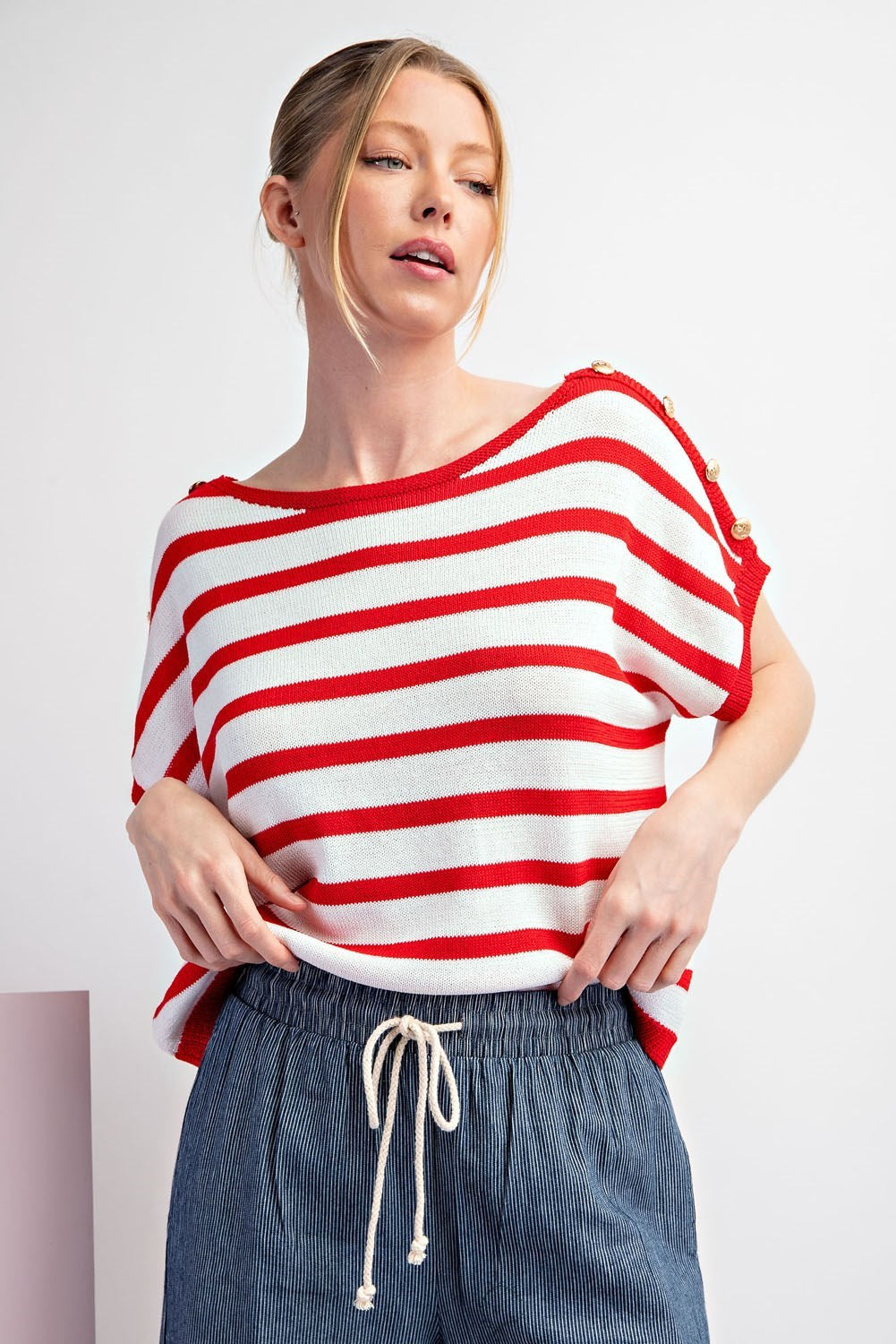 Striped Top with button shoulders in red and white