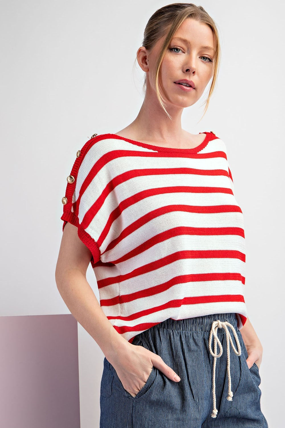 Striped Top with button shoulders in red and white