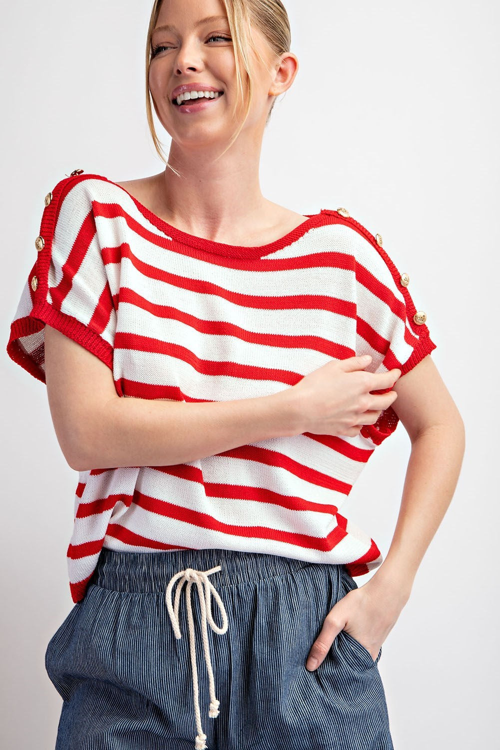 Striped Top with button shoulders in red and white