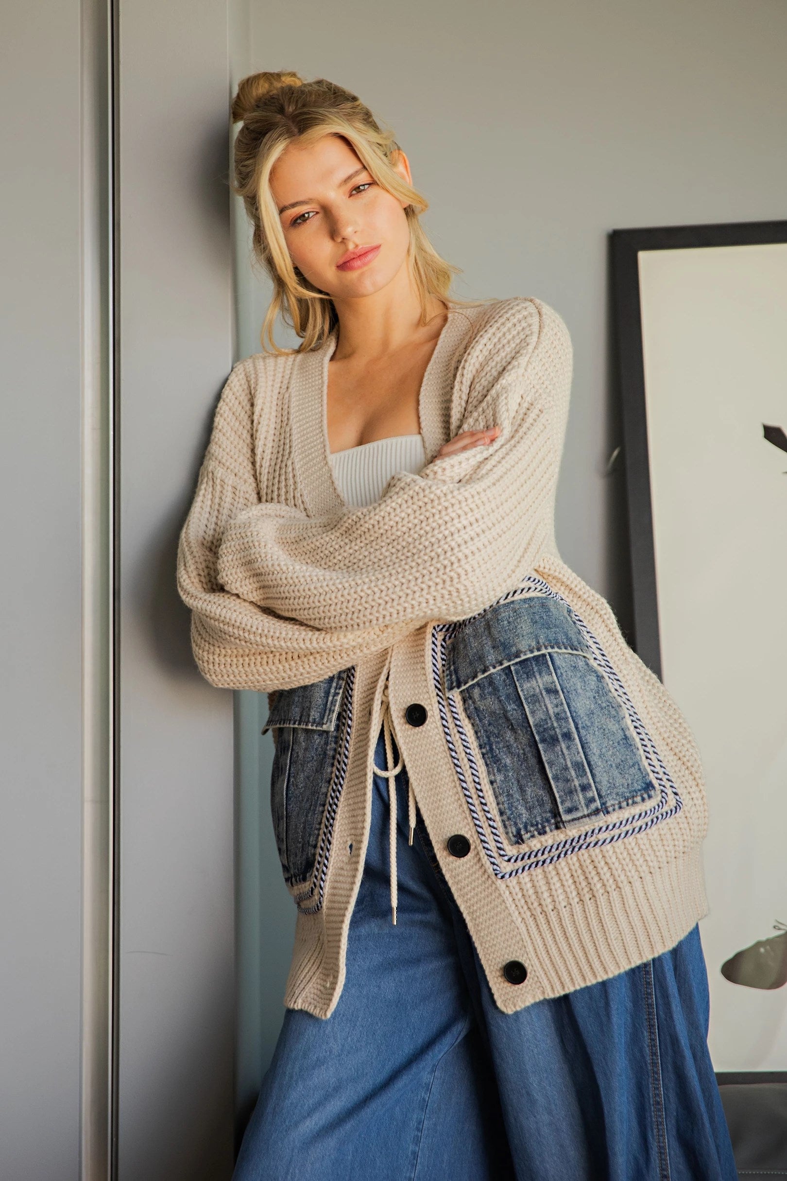 Knit Cardigan with Denim Pockets