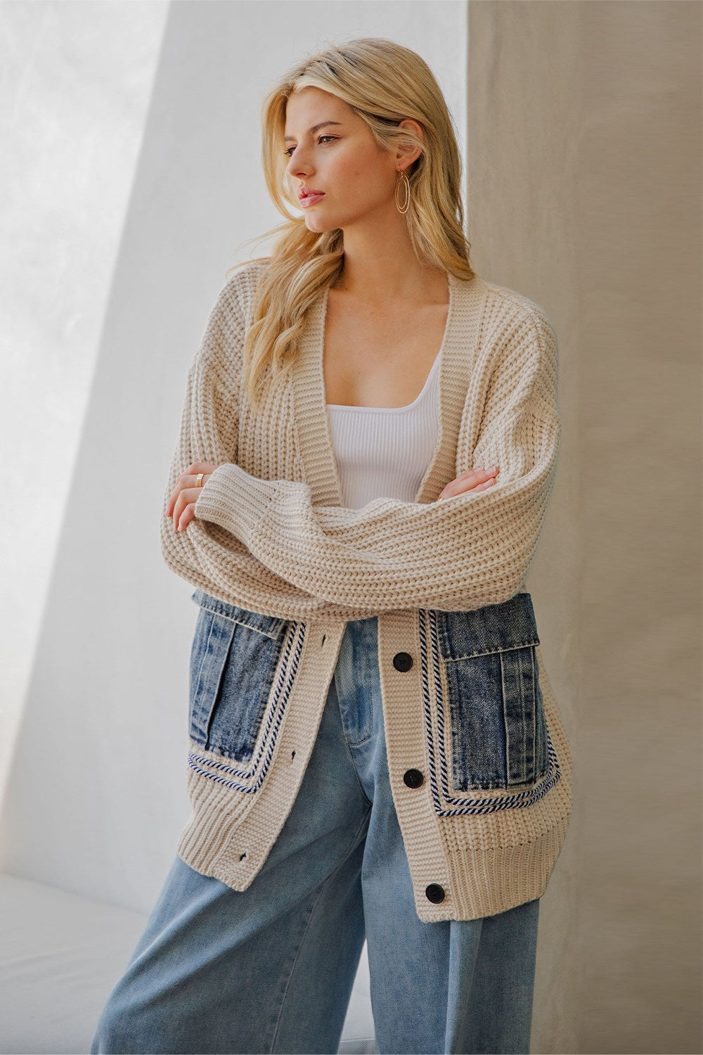 Knit Cardigan with Denim Pockets
