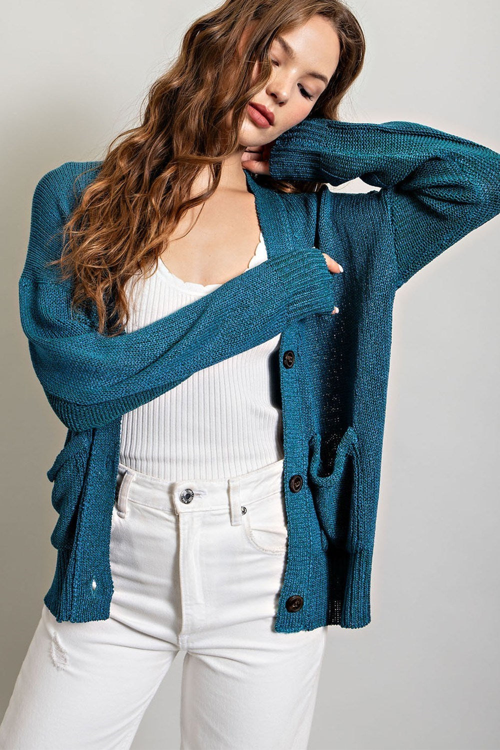 Button Down Cardigan in Teal