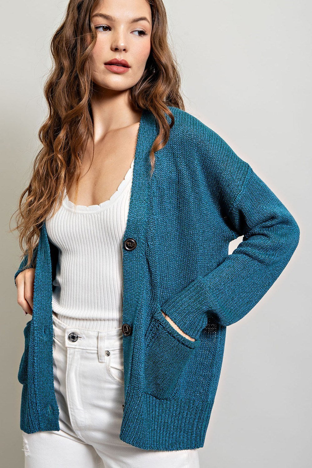 Button Down Cardigan in Teal