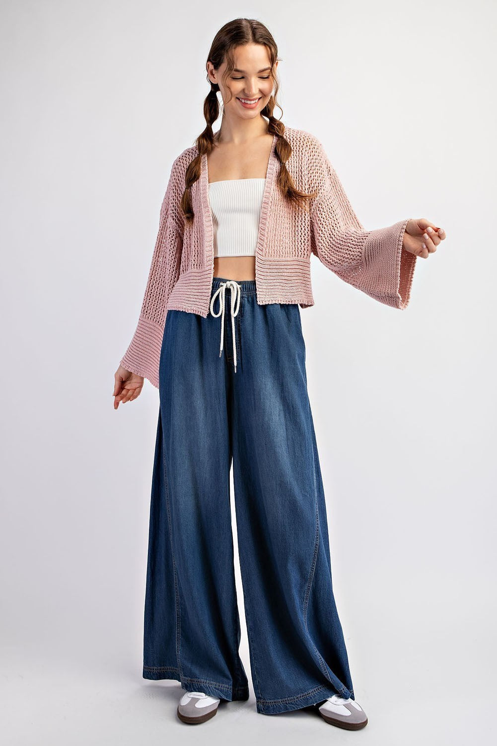 Eyelet Knit Crop Cardigan in Dusty Rose