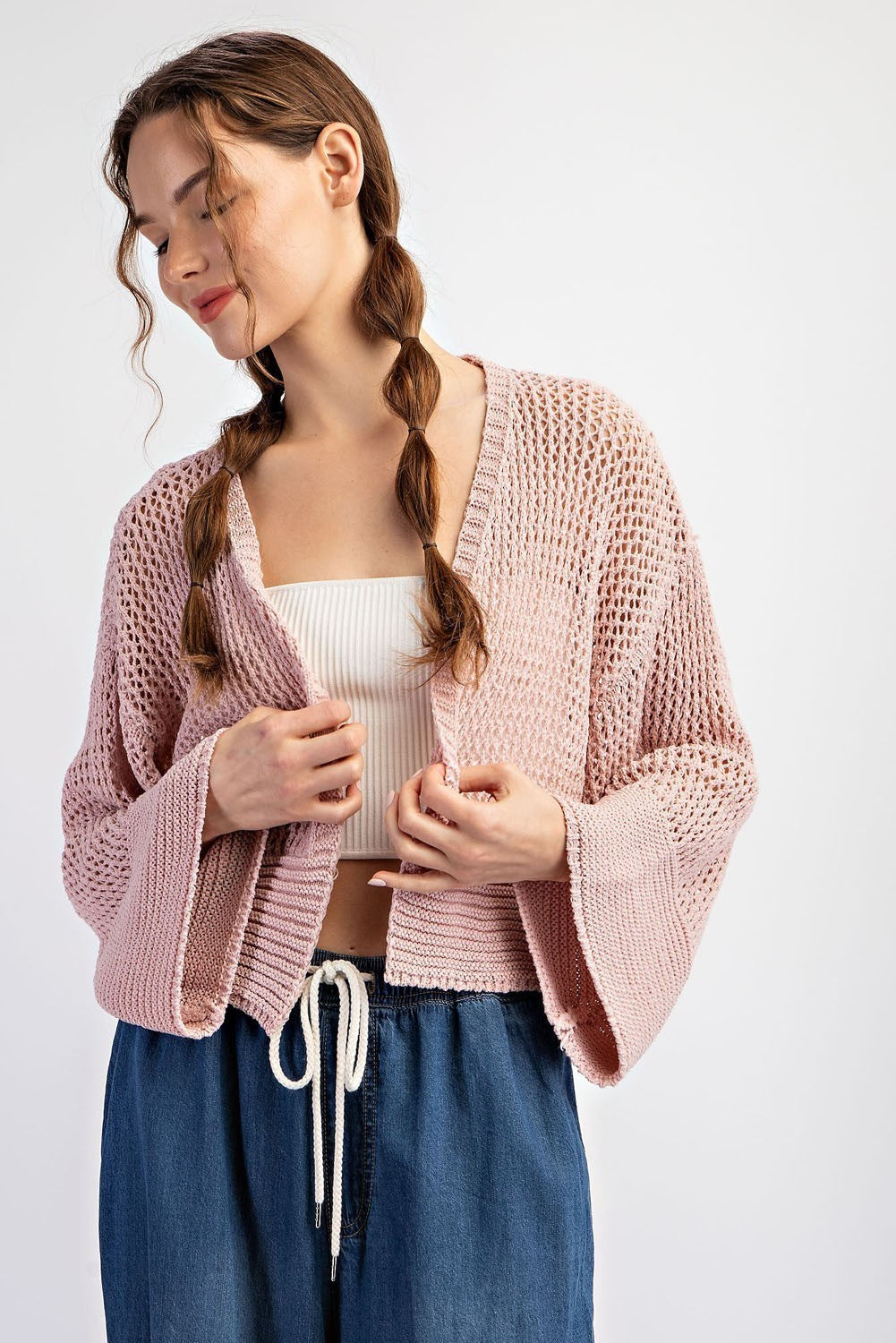 Eyelet Knit Crop Cardigan in Dusty Rose