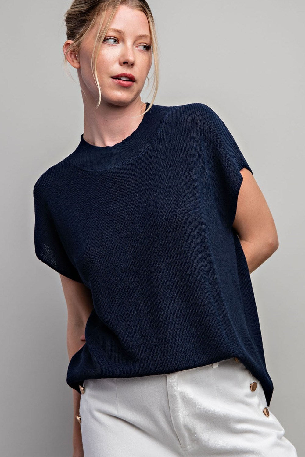 Lightweight Sweater with Cap Sleeves in Navy