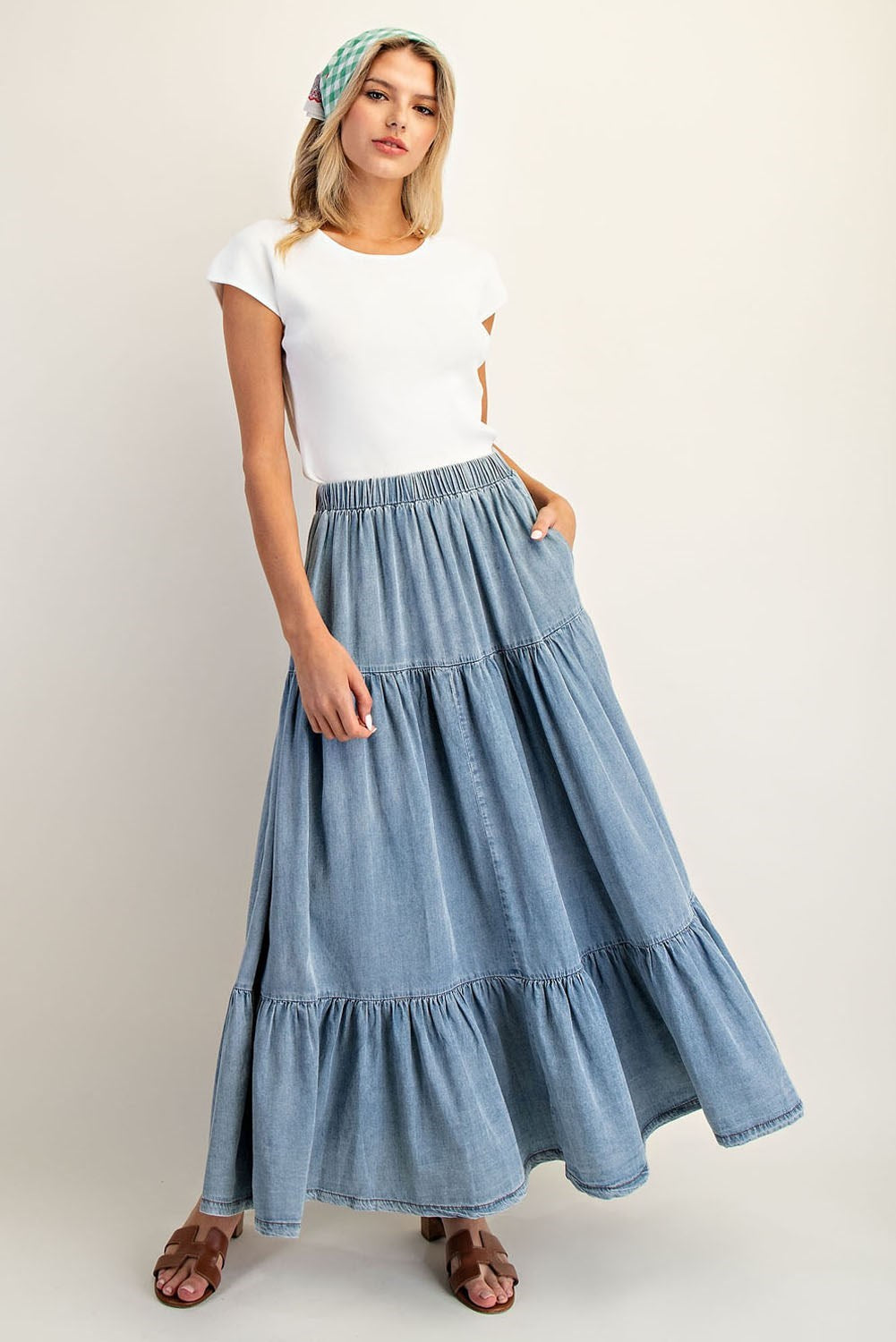 Denim Tiered Maxi Skirt
