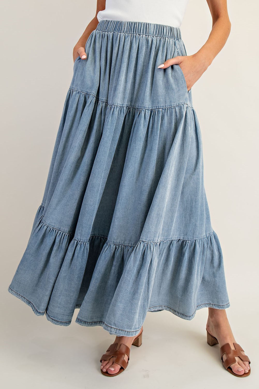 Denim Tiered Maxi Skirt