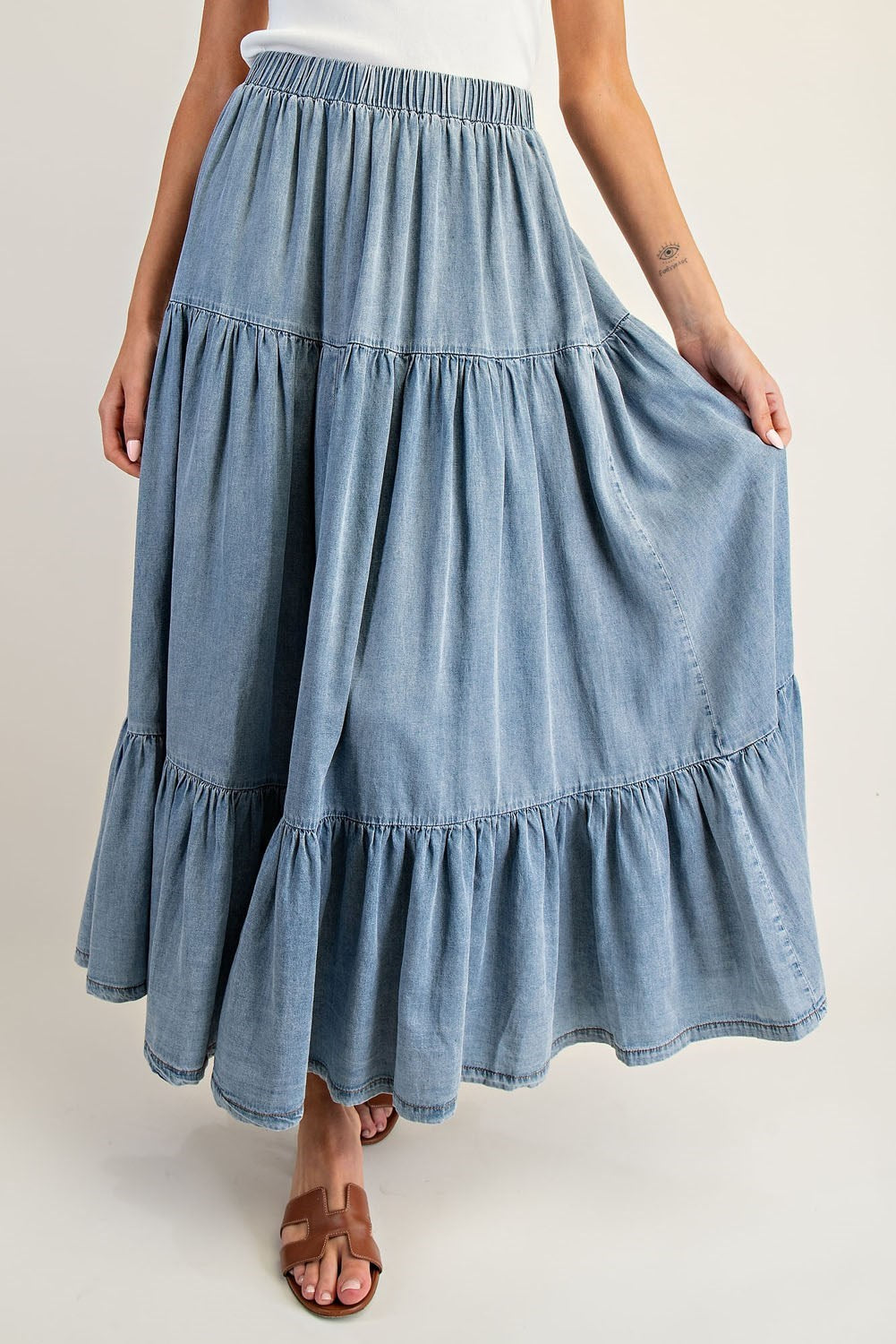 Denim Tiered Maxi Skirt