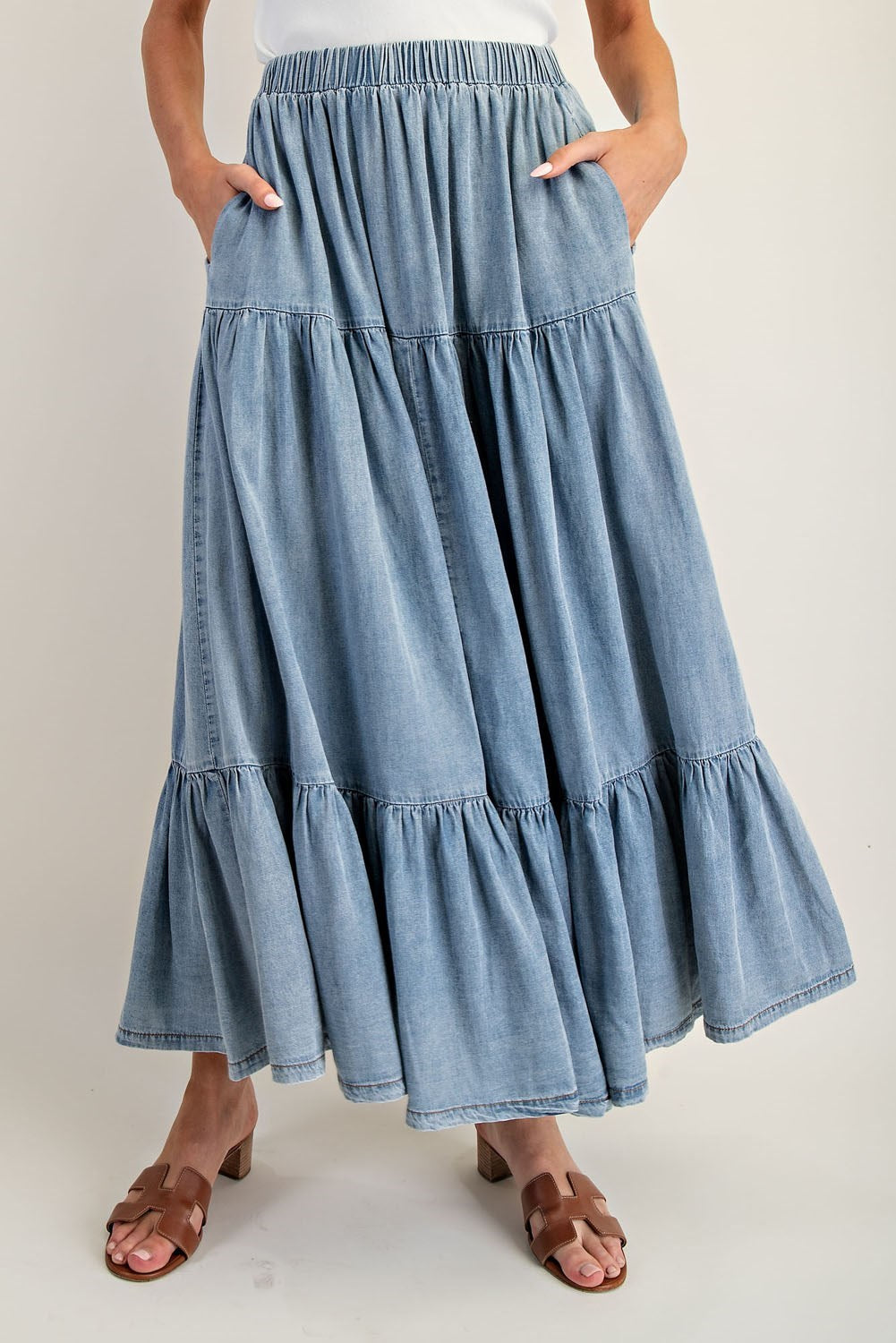 Denim Tiered Maxi Skirt