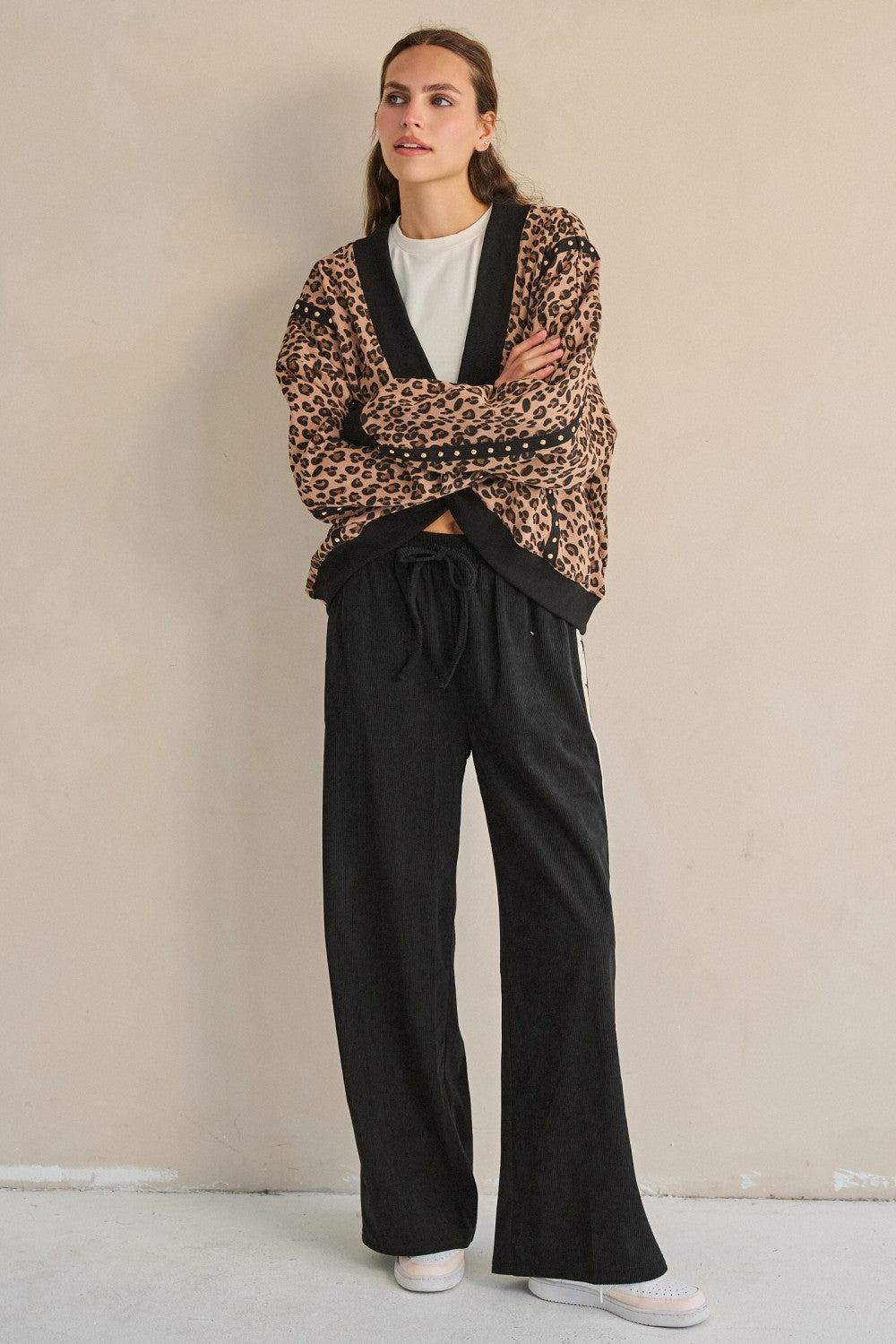 Leopard Twist Front Studded Sweatshirt