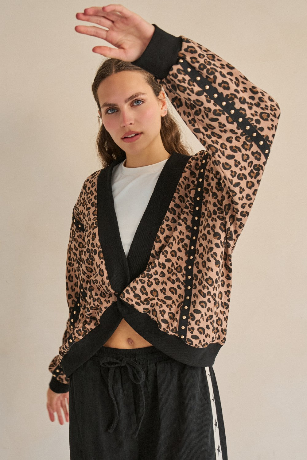 Leopard Twist Front Studded Sweatshirt