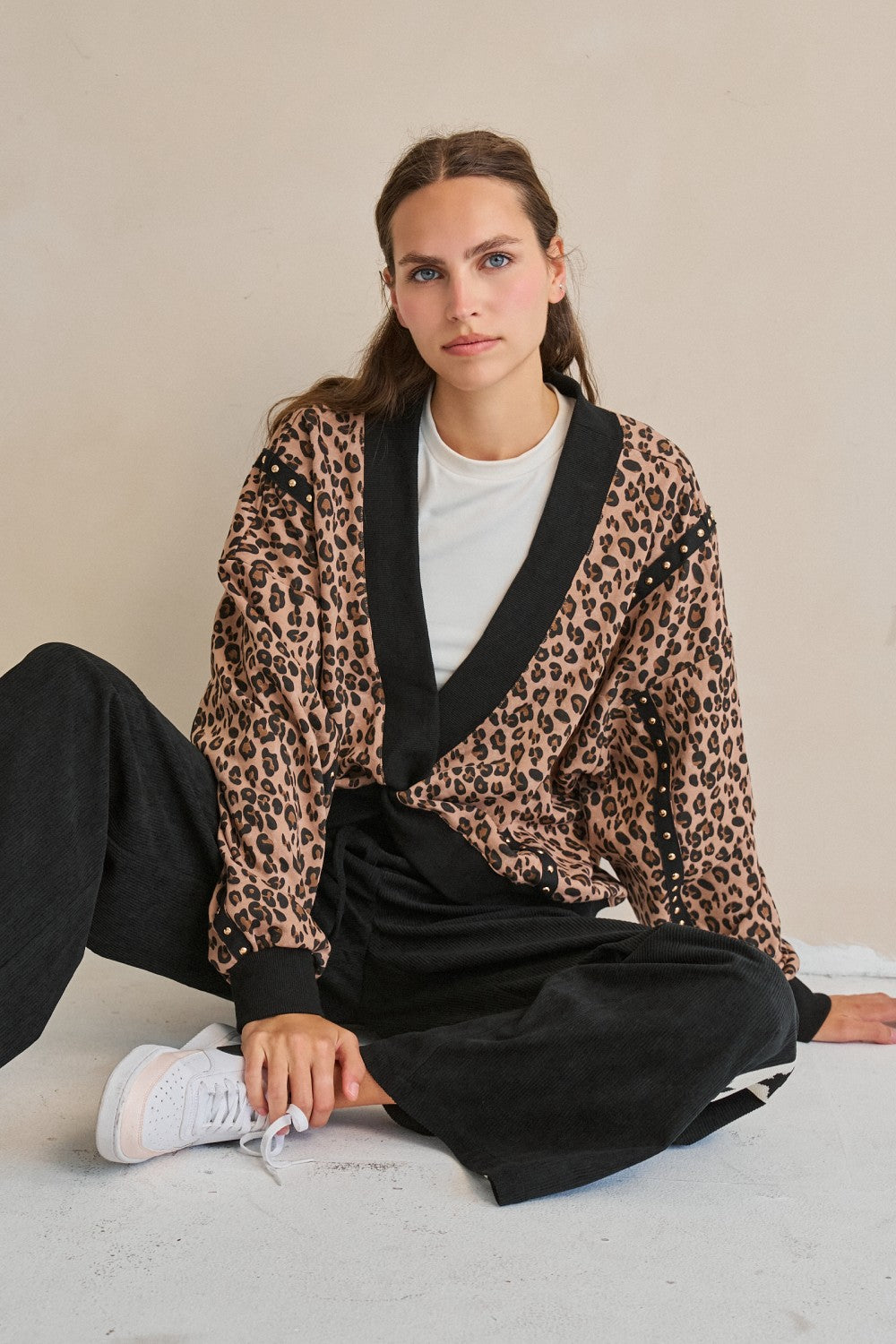 Leopard Twist Front Studded Sweatshirt