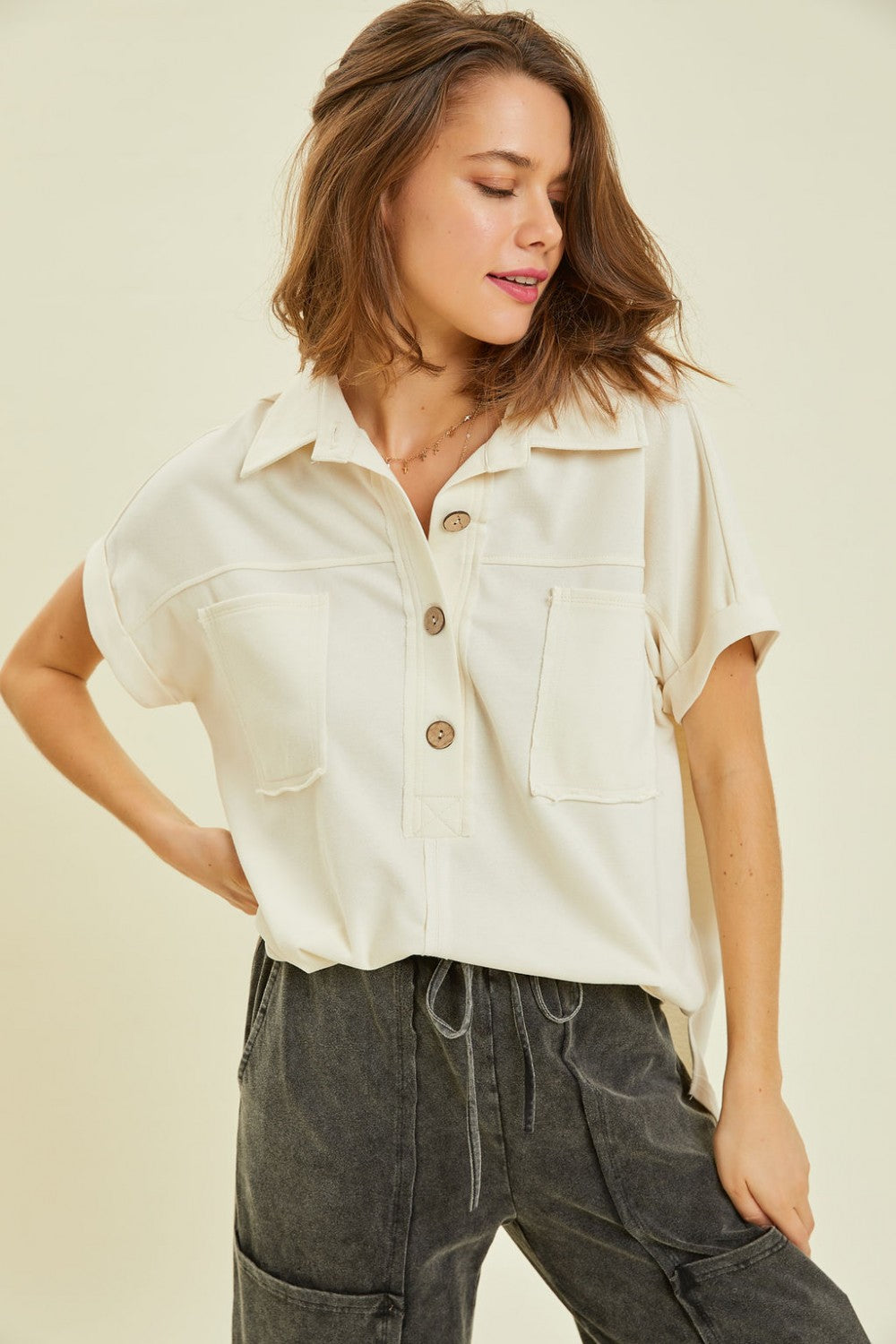 Short Sleeve Button Top in Cream