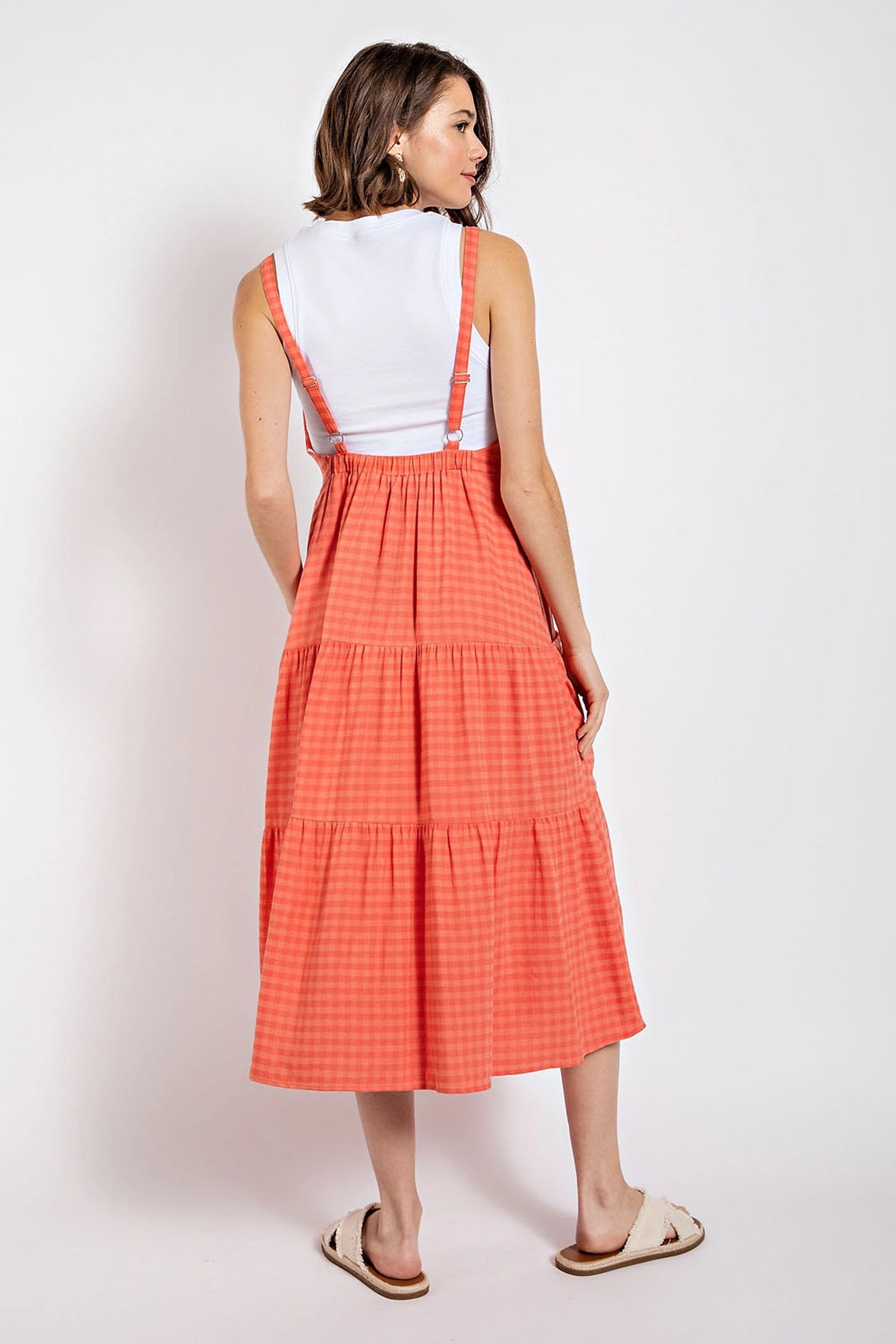 Gingham Button Midi Dress in Coral