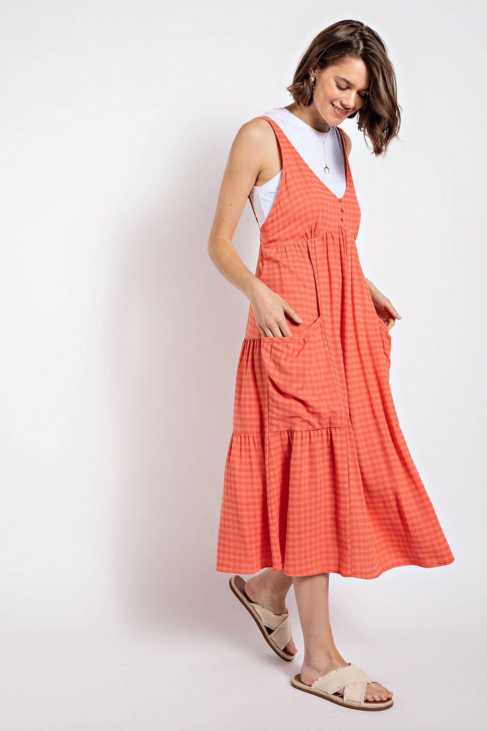 Gingham Button Midi Dress in Coral