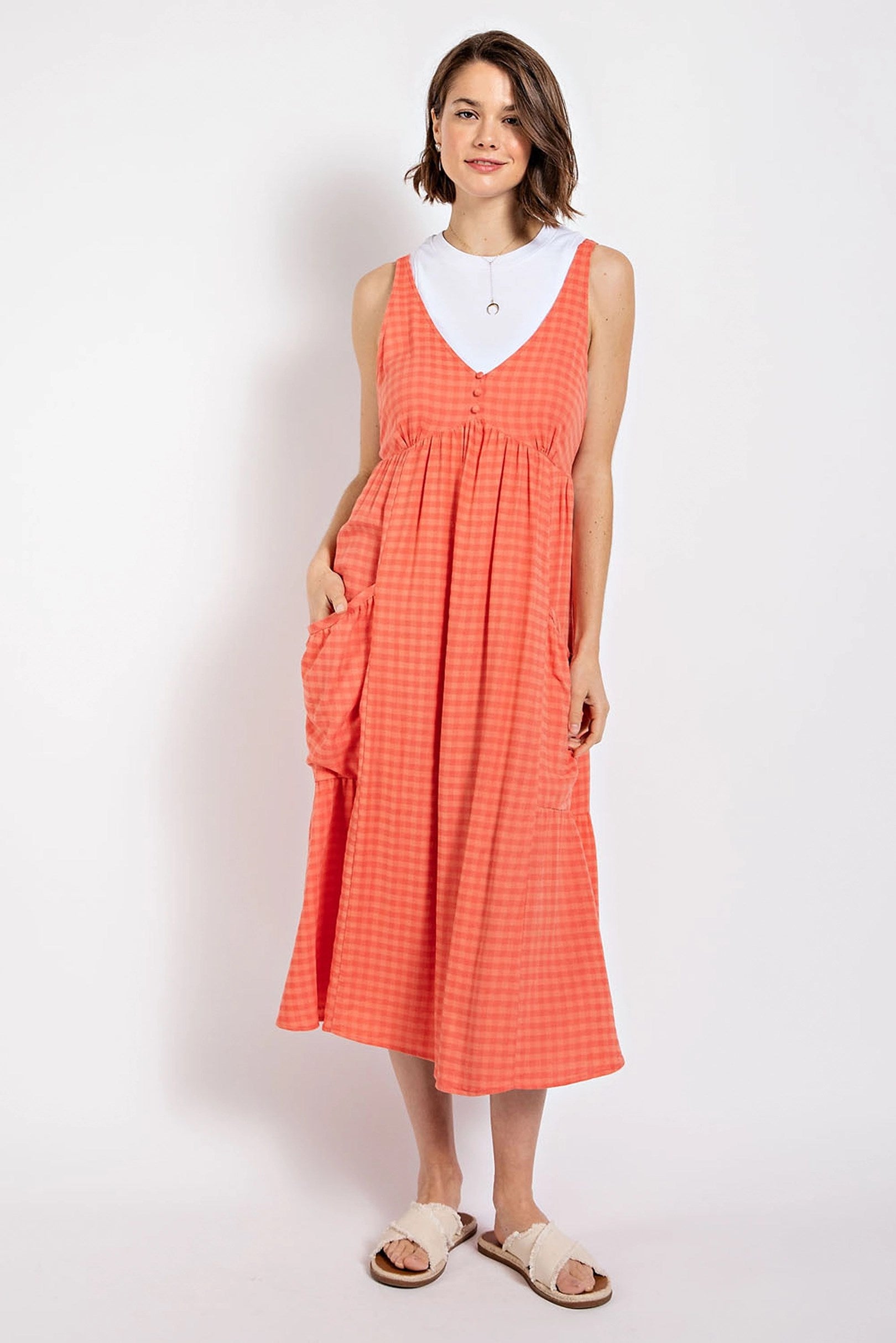 Gingham Button Midi Dress in Coral