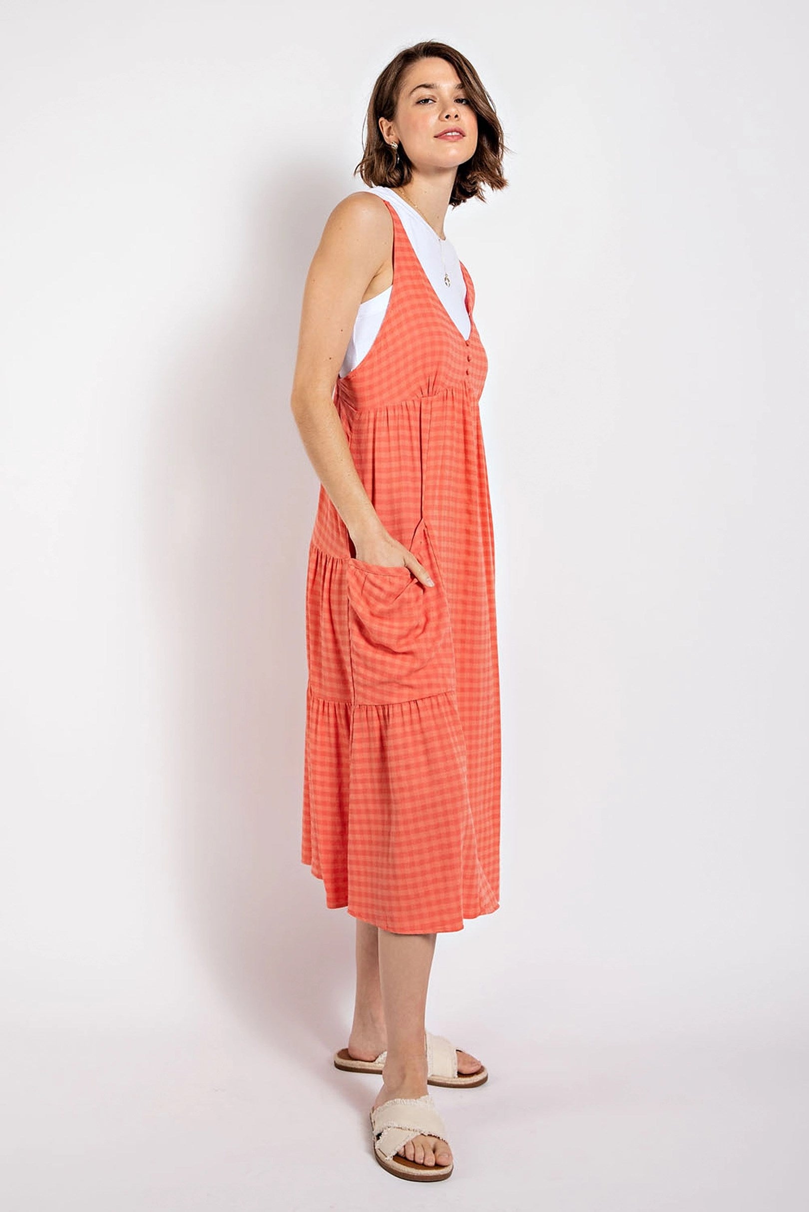 Gingham Button Midi Dress in Coral